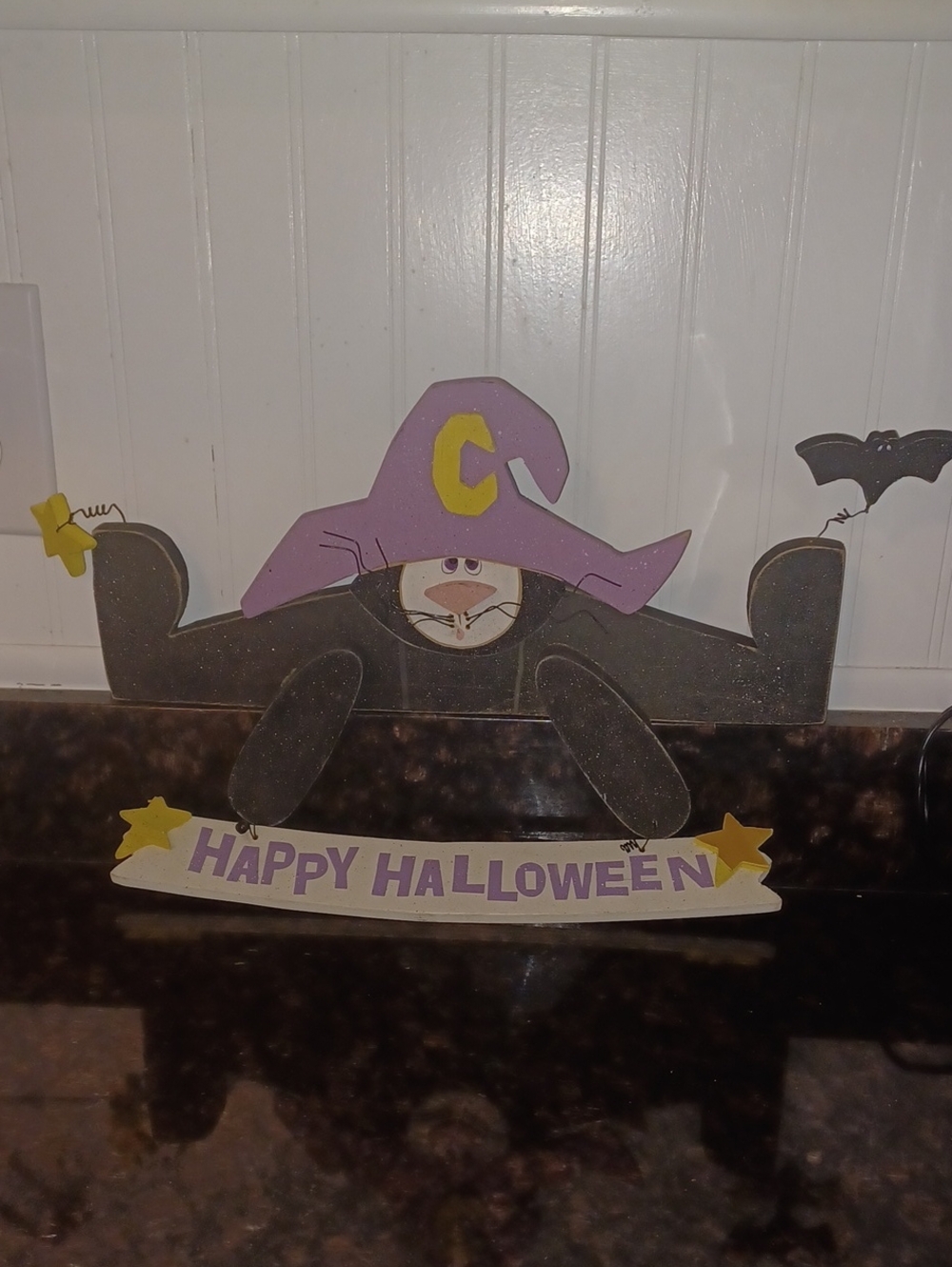 Vintage Terry's Village Wood Halloween Black Cat Witch Shelf Sitter Large 14.5"